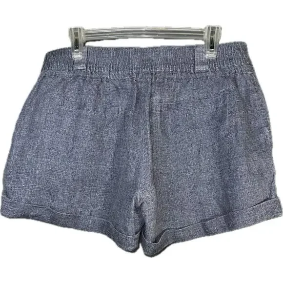 100% Linen 36 Waist Blue Tweed Zip Fly Coastal Shorts Pockets Belt Elastic Waist - Picture 2 of 6